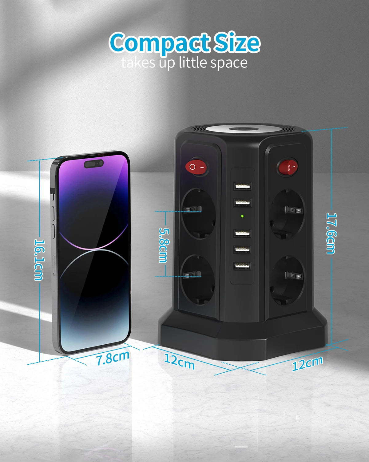 EU 8-position multifunctional socket tower with 5 USB ports, independent control switch design for home office plug-in boards