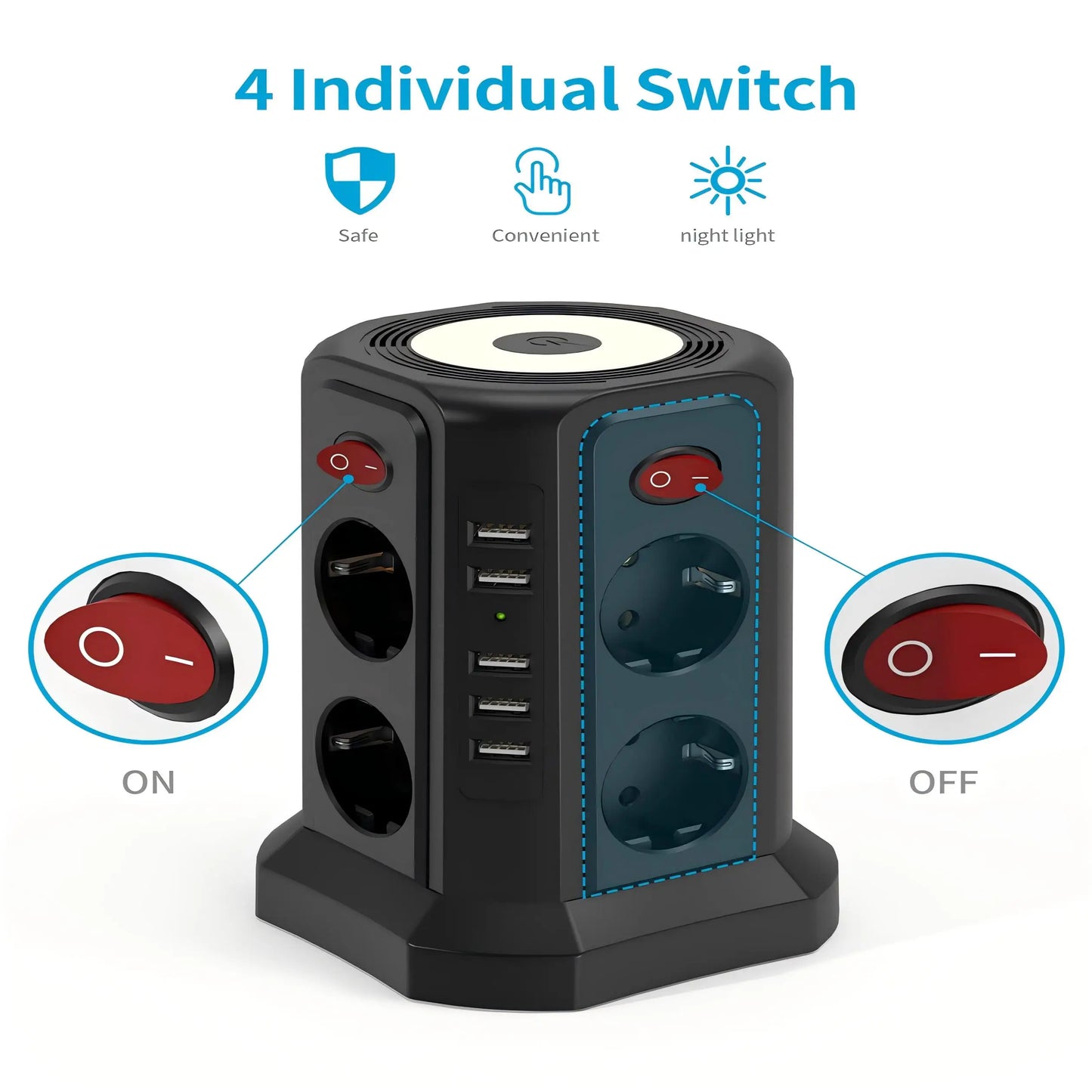 EU 8-position multifunctional socket tower with 5 USB ports, independent control switch design for home office plug-in boards