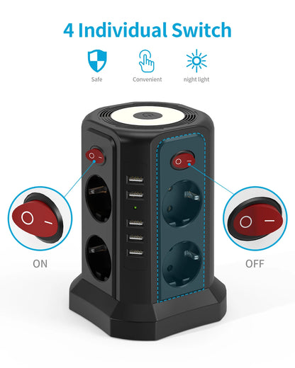 EU 8-position multifunctional socket tower with 5 USB ports, independent control switch design for home office plug-in boards