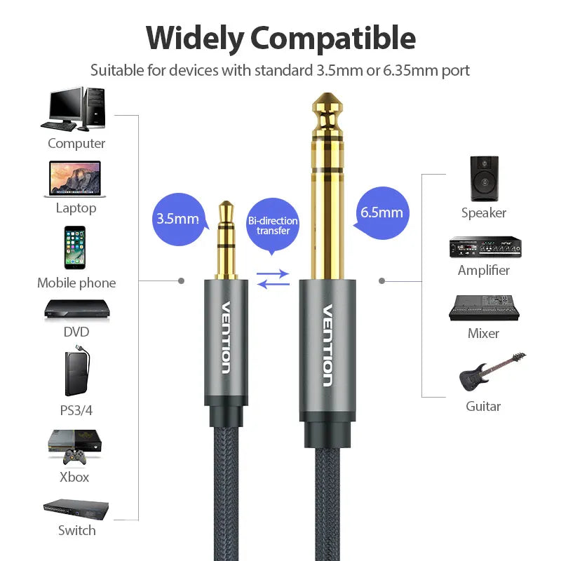 Vention Male to Male 3.5 mm to 6.35 mm Adapter Aux Cable for Mixer Amplifier Gold Plated 3.5 Jack to 6.5 Jack 3m 5m 10m Aux Cabo